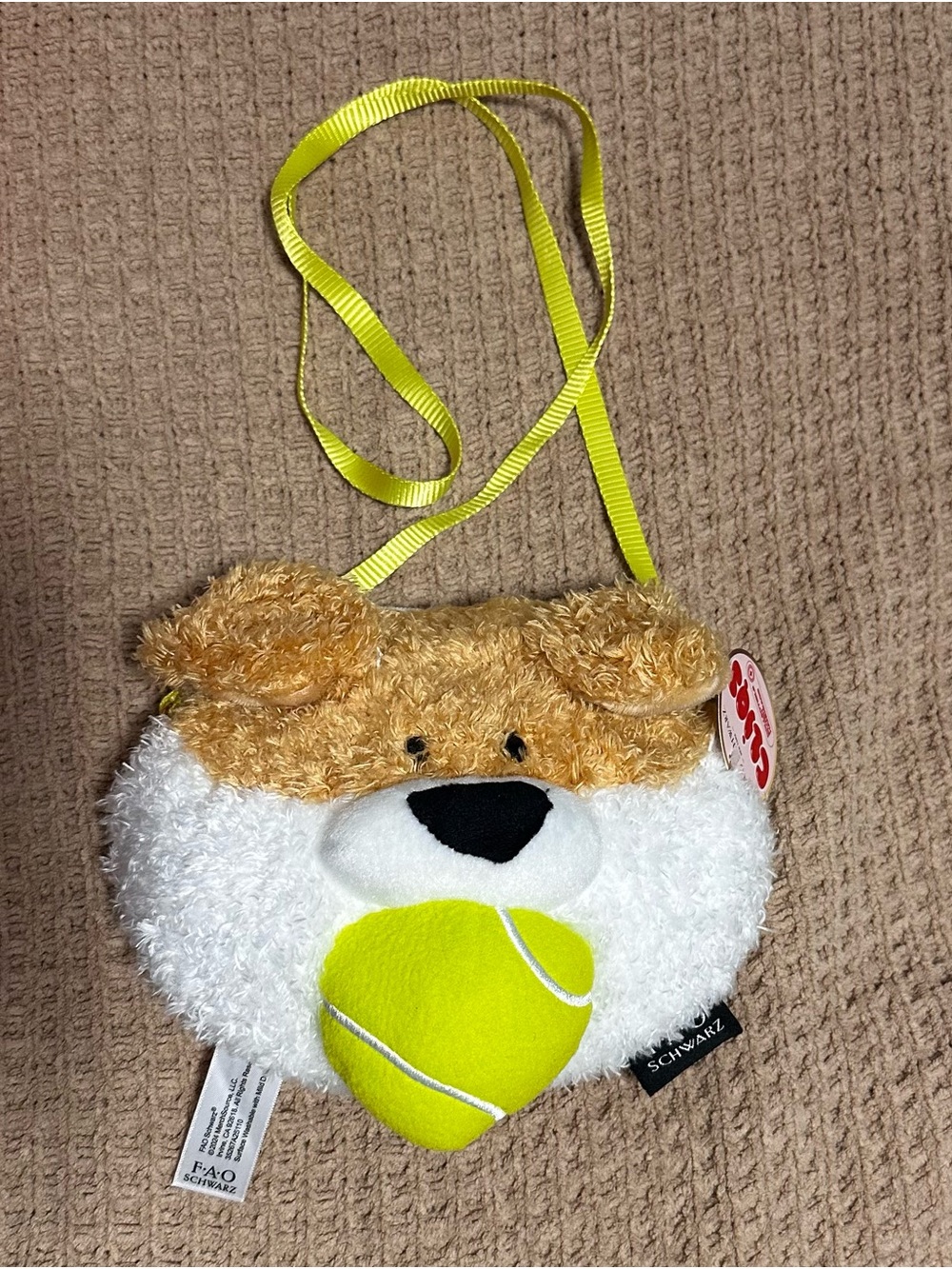 FAO Schwarz Plush Dog Crossbody Bag in Yellow, White and Tan